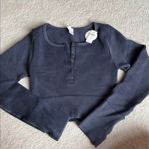Aerie OFFLINE thermal waffle Crop Henley Smokey Black S NEW with tags!